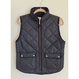 J. Crew Down Diamond Puffer Vest Black Full Zip Pockets Gold Trim Women's Medium